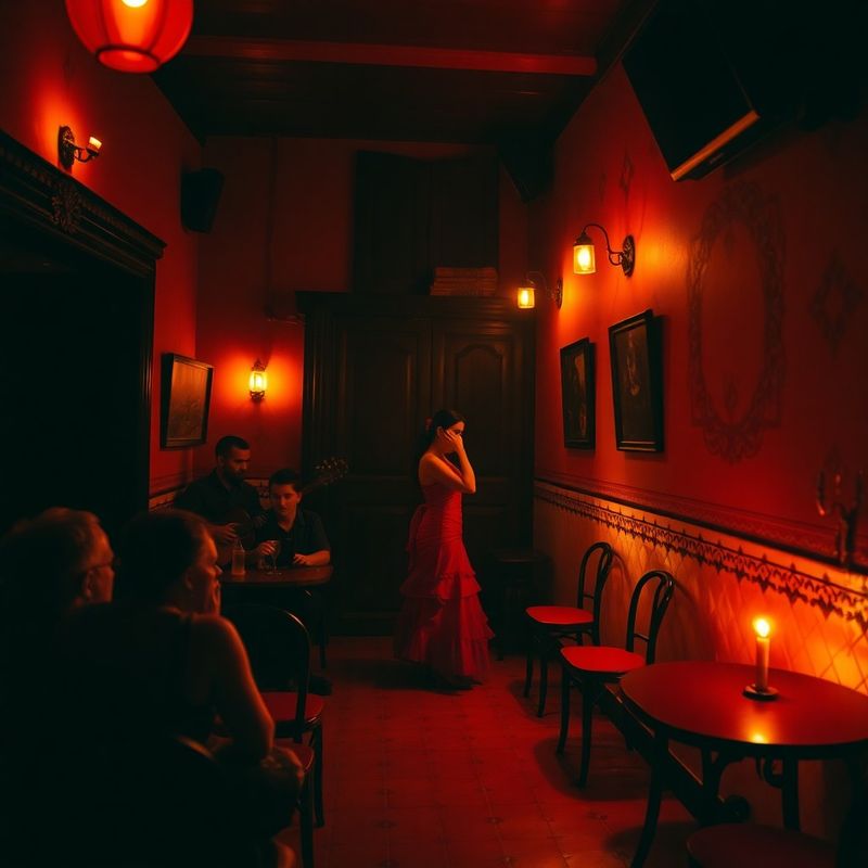 An intimate 40-seat flamenco taberna in Lavapiés with warm amber stage lighting