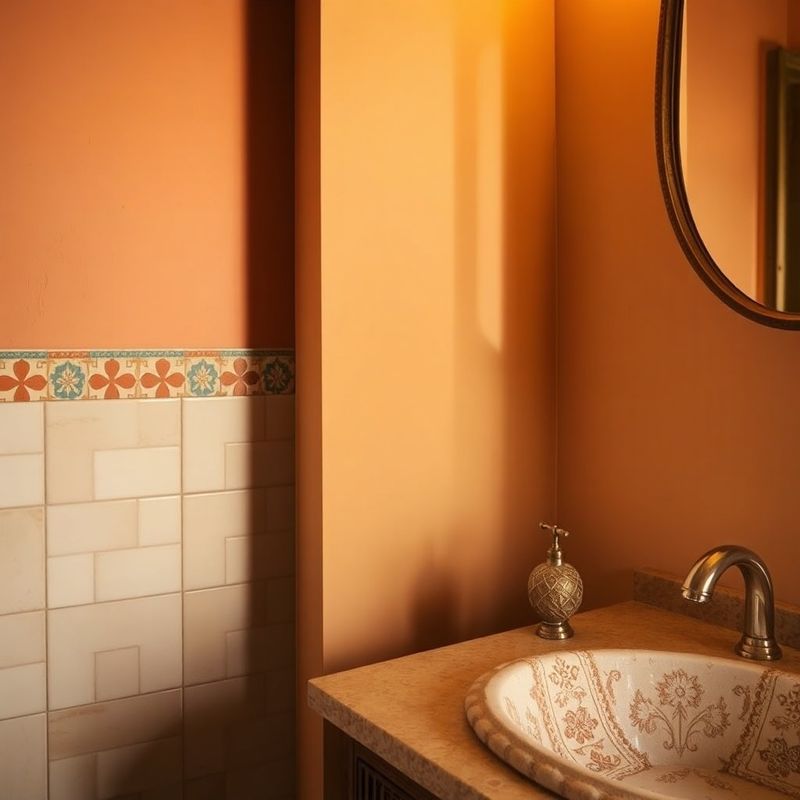 Close-up of Moorish-inspired tile border and an antique writing desk in a Stoneaorbit room