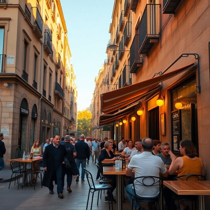 A Malasaña street scene at golden hour with locals at a terrace bar