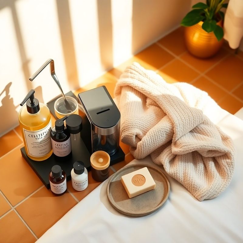 Flat-lay of artisan toiletries, cotton bathrobe and espresso machine in a Stoneaorbit room