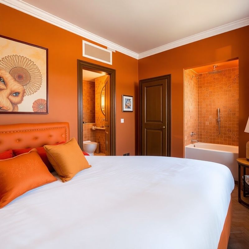 A Stoneaorbit double room with amber and terracotta headboard in morning light