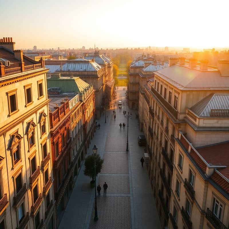 An aerial-style view of Calle de Alcalá with the Retiro park in the background